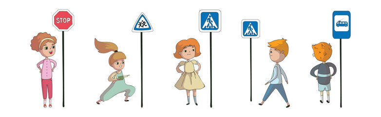 Wall Mural - Little Boy and Girl Pedestrian Learning Road Sign and Traffic Rule Vector Set