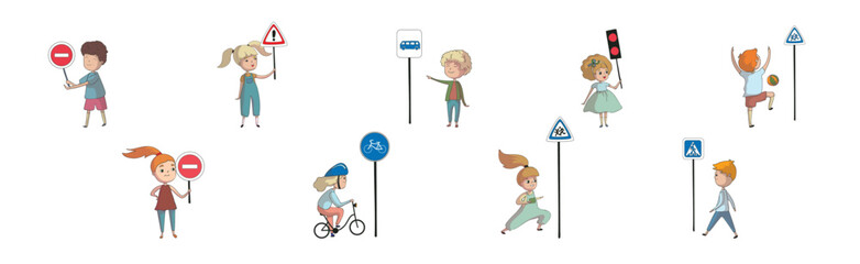 Wall Mural - Little Boy and Girl Pedestrian Learning Road Sign and Traffic Rule Vector Set