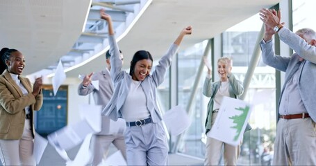 Wall Mural - Documents in air, celebration and business people dance in office for achievement, winner and goals. Teamwork, collaboration and excited men and women dancing, throw paperwork and winning for success