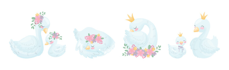 Wall Mural - Beautiful White Swan or Goose with Golden Crown and Floral Arrangement Vector Set