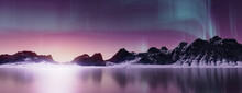 Purple Aurora Lights Over Snow Covered Landscape. Majestic Northern Lights Wallpaper With Copy-space.
