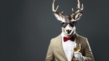 Reindeer Holding Glasses Of Champagne, Merry Christmas And Happy New Year Background. Generative Ai