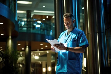 Wall Mural - A man in scrubs reading a piece of paper. Generative AI.