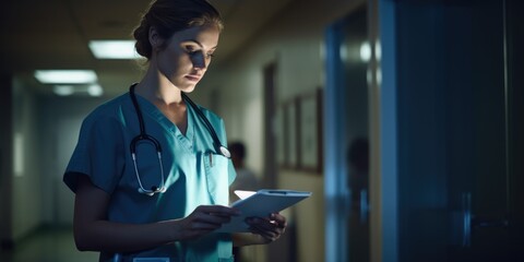 Canvas Print - A woman in scrubs holding a tablet computer. Generative AI.