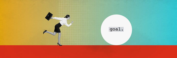 Poster - Creative retro 3d magazine collage image of purposeful businesslady running achieving goal isolated colorful background