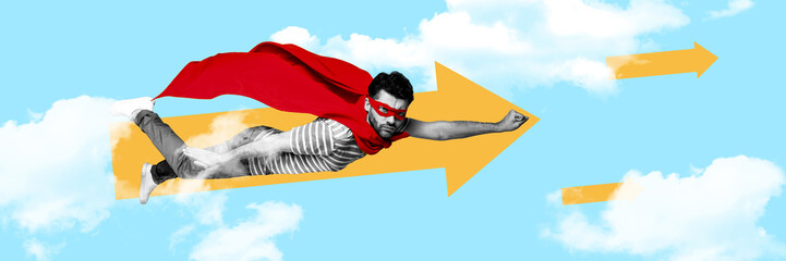 Sticker - Creative 3d photo artwork graphics collage painting of purposeful guy wear superman cape flying clouds isolated drawing background