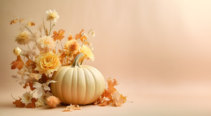 Wall Mural - Autumn still life with pumpkin and flowers. Minimal concept of Thanksgiving or Halloween composition. Copy space