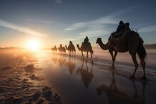 Caravan Camels Water Sunrise. Generate Ai
