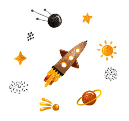 Wall Mural - space illustration in childish style. set of cosmos elements such as rocket, stars, asteroids, ufo, 