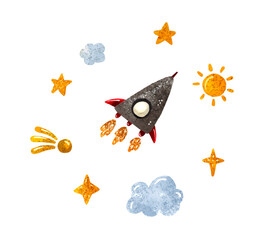 Wall Mural - space illustration in childish style. set of cosmos elements such as rocket, stars, asteroids, ufo, 