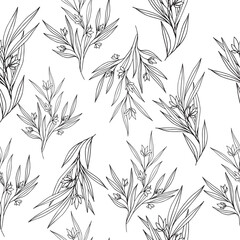 vector seamless pattern with Leaves and flowers. Black ink drawn leaves, twigs and small flowers. Black branch modern ornament, texture with foliage. Abstract plant motif.