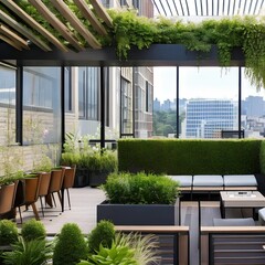 A contemporary rooftop garden with modern seating, lush greenery, and breathtaking city views4