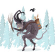 Krampus is a yule lord, a Christmas devil, krampus with horns and a long tongue in winter forest. Mythological character in folklore is the antipode of Santa.Krampus take childrens in basket
