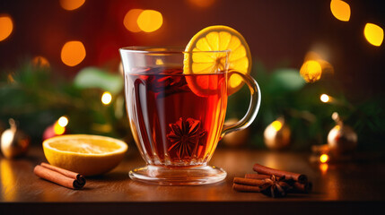 Hot drink cocktail for New Year, Christmas, winter or autumn holidays. Toddy. Mulled pear cider or spiced tea or grog with lemon, pear, cinnamon, anise, cardamom, rosemary.