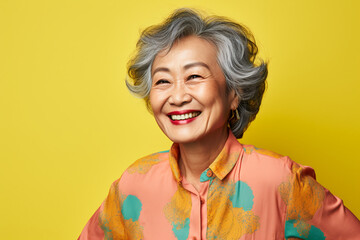 Asian elderly woman wearing bright colorful clothes on a bright background, studio portrait