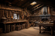 © HRTNT Media - Rustic Wood Shop, Work Shop With Old Rusted Tools Hanging on the Wall, Old Timey Rustic Feel, Generative AI