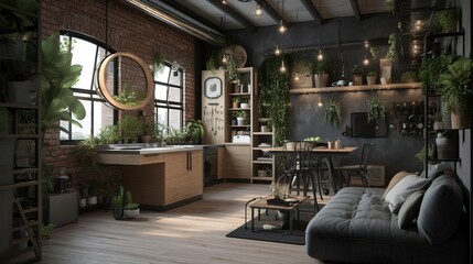 Modern and industrial style studio apartment interior with wooden details and grey walls