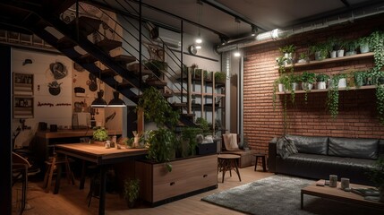 Wall Mural - Industrial and bohemian style capsule apartment interior with wooden details and plants