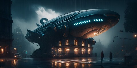 Wall Mural - a huge spaceship, looking like a fighting airplane in the streets of a huge futuristic city by gener