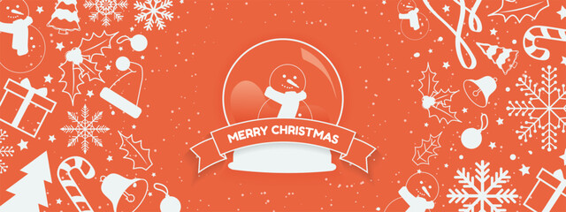 Wall Mural - Cute Christmas Holiday Banner hand drawn snowglobe with snonman and Merry Christmas text greeting on ribbon garland on red background decorated cyan with snowflakes, santa hat, snowman, leaf, wreath.