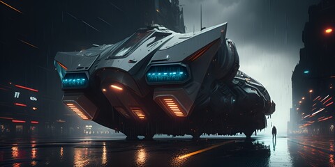 Wall Mural - a huge spaceship, looking like a fighting airplane in the streets of a huge futuristic city by gener
