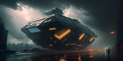 Wall Mural - a huge spaceship, looking like a fighting airplane in the streets of a huge futuristic city by gener