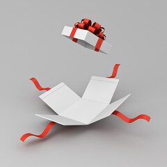 Poster - Open white present box or gift box with red ribbons and bow isolated on white grey background with shadow minimal conceptual 3D rendering