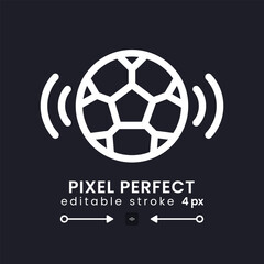 Poster - Sports broadcast white linear desktop icon on black. Live stream. Television program. Soccer game. Pixel perfect, outline 4px. Isolated user interface symbol for dark theme. Editable stroke