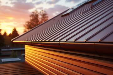 corrugated metal roof installed in a modern house. Corrugated metal roof Modern roof made of metal Metal sheet roof.