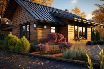 corrugated metal roof installed in a modern house. Corrugated metal roof Modern roof made of metal Metal sheet roof.