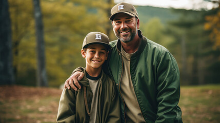 man and son with baseball cap smiling at at baseball stadium.