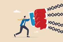 Business Threat, Fight To Survive In Business Competition, Resilience Or Adversity, Challenge Or Survive To Win, Courage Fighter Concept, Businessman Hold Shield To Fight With Multiple Fighter Punch.