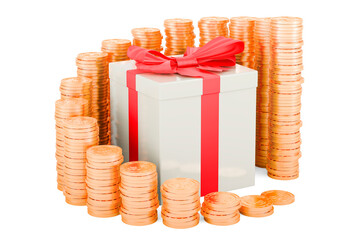 Poster - Gift box with growing chart from gold coins around, 3D rendering