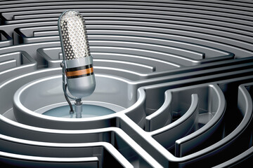 Poster - microphone inside labyrinth maze. 3d rendering