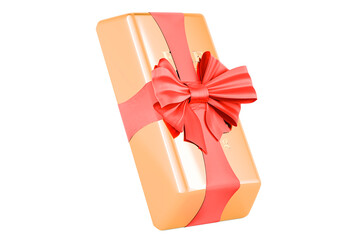 Poster - golden ingot with red ribbon and bow, present concept. 3d rendering
