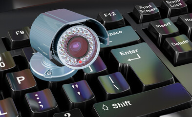 Canvas Print - Security camera on computer keyboard concept, 3D rendering