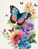 Fototapeta Motyle - Vivid watercolor painting of butterflies and flowers, Generative AI