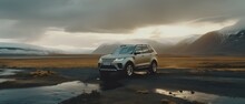 Suv Is Driving On A Remote Beach Of Iceland. Generative AI