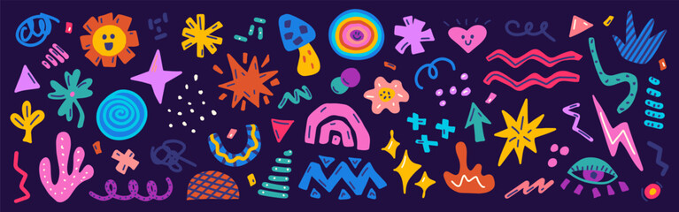Wall Mural - set colorful various hand drawn shapes and doodle objects, abstract elements for modern design, vect