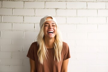 portrait of young happy smiling woman wearing hat