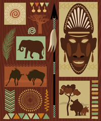 Wall Mural - African mask, patterns african animals  silhouettes on red and brown background. Vector illustration