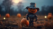 Halloween Spooky Pumpkin Scarecrow On A Wide Field With The Moon On A Scary Night , Place For Text, Copyspace