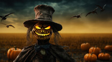 Halloween Spooky Pumpkin Scarecrow On A Wide Field With The Moon On A Scary Night , Place For Text, Copyspace