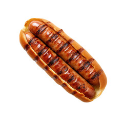 Poster - Hot dog bun with grilled sausage isolated on white background.