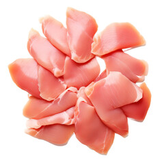 Poster - Raw chicken fillet. Small pieces of meat isolated on white.