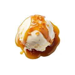 Poster - Ice cream ball with caramel cubes and caramel sauce isolated on white.