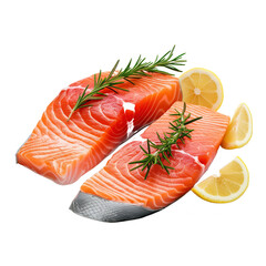 Wall Mural - Slice of raw fish salmon with lemon, rosemary and spices isolated.