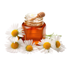 Honey With Daisies Isolated On White Background With Clipping Path.