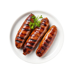 Leinwandbilder - Grilled sausages on white plate.