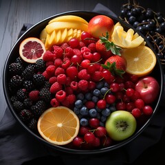 Wall Mural - Variety of fruits photography inside a bowl frop top view. Generative ai